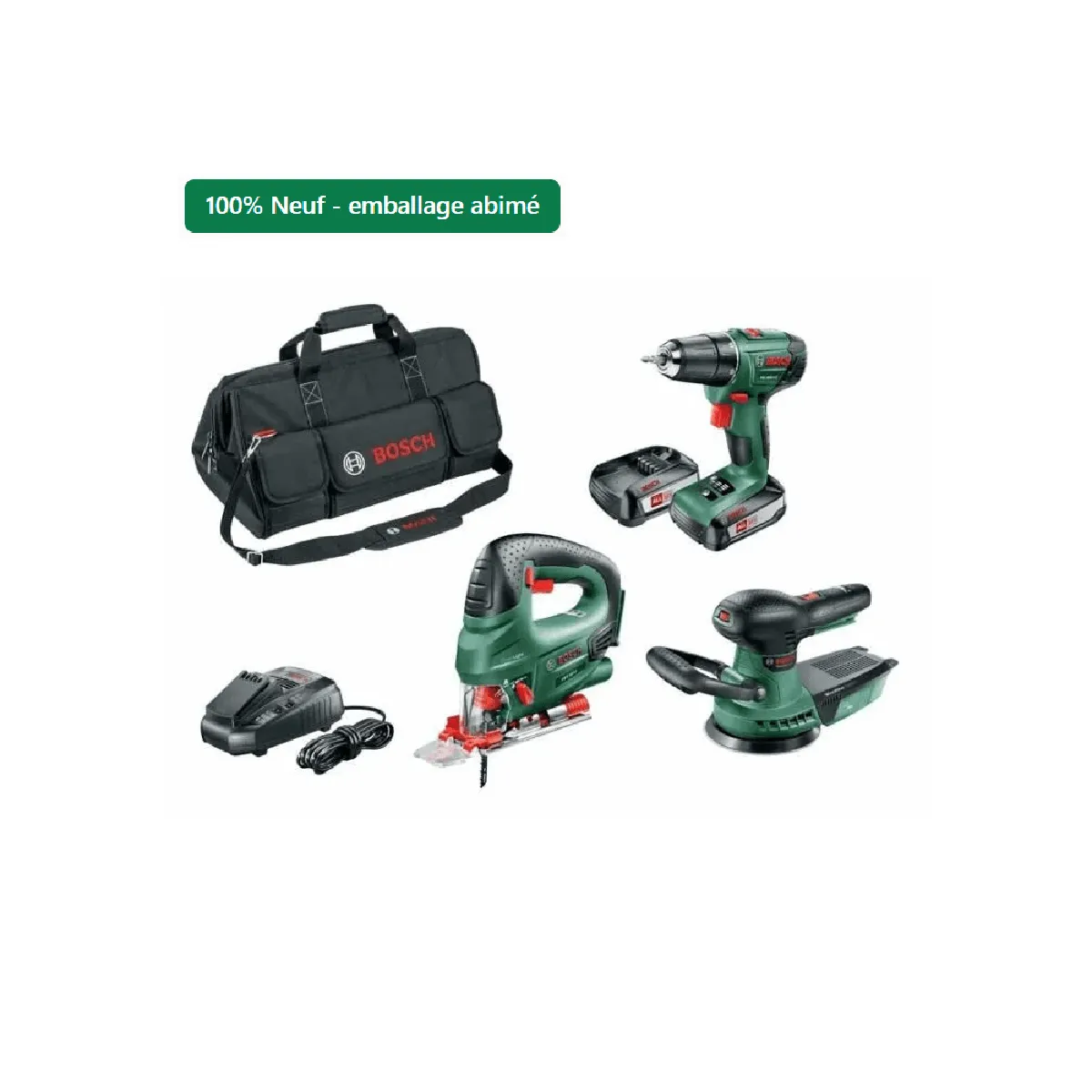 [NEUF – emballage abimé] Pack 3 outils sans fil 18V Bosch Perceuse PSR 1800 LI 2 + scie sauteuse PST 18 + ponceuse excentrique - vue 2