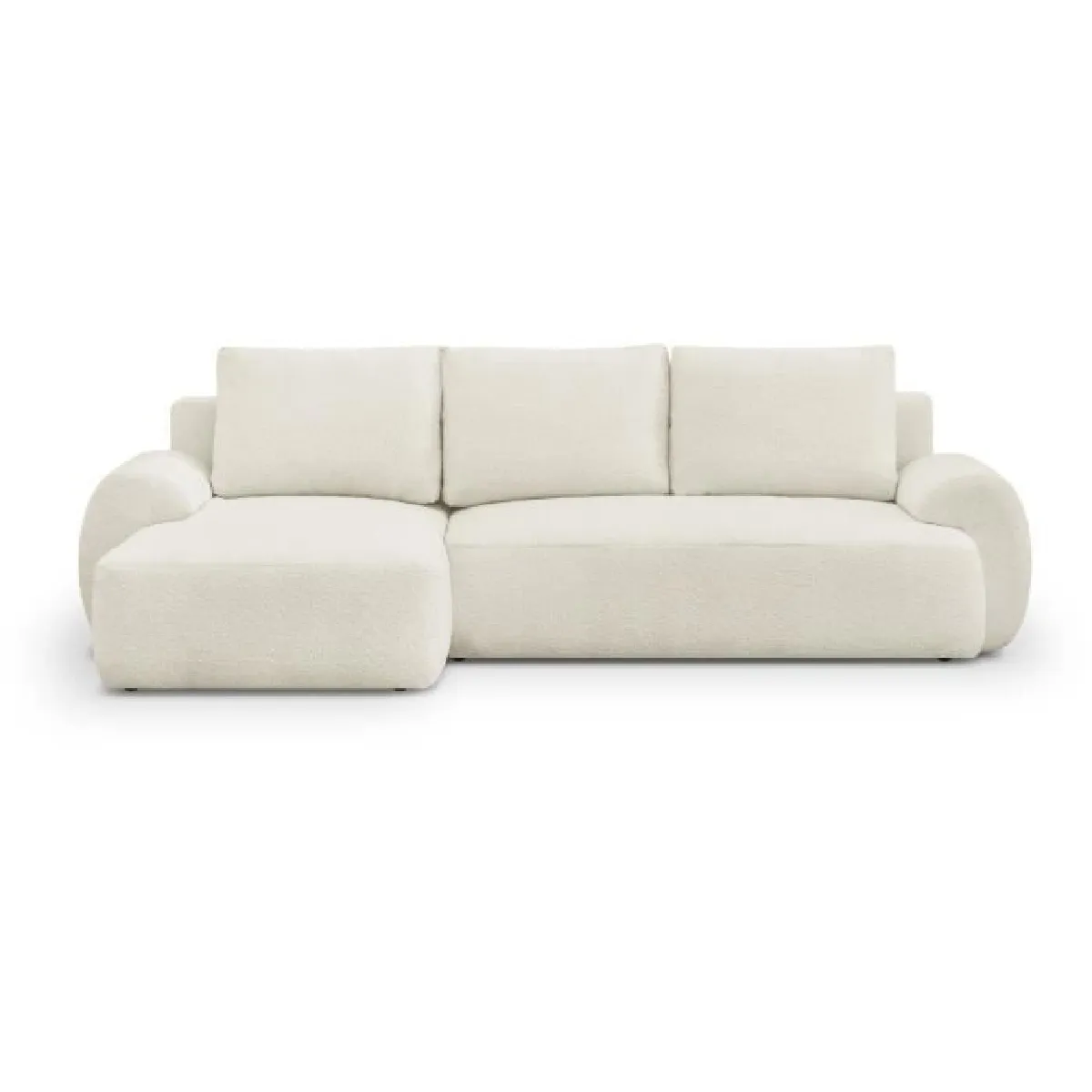 Canap d'angle gauche convertible 3 places MILO - Tissu bouclettes beige clair - Coffre de rangement - L 264 x H 84 x P 99/145