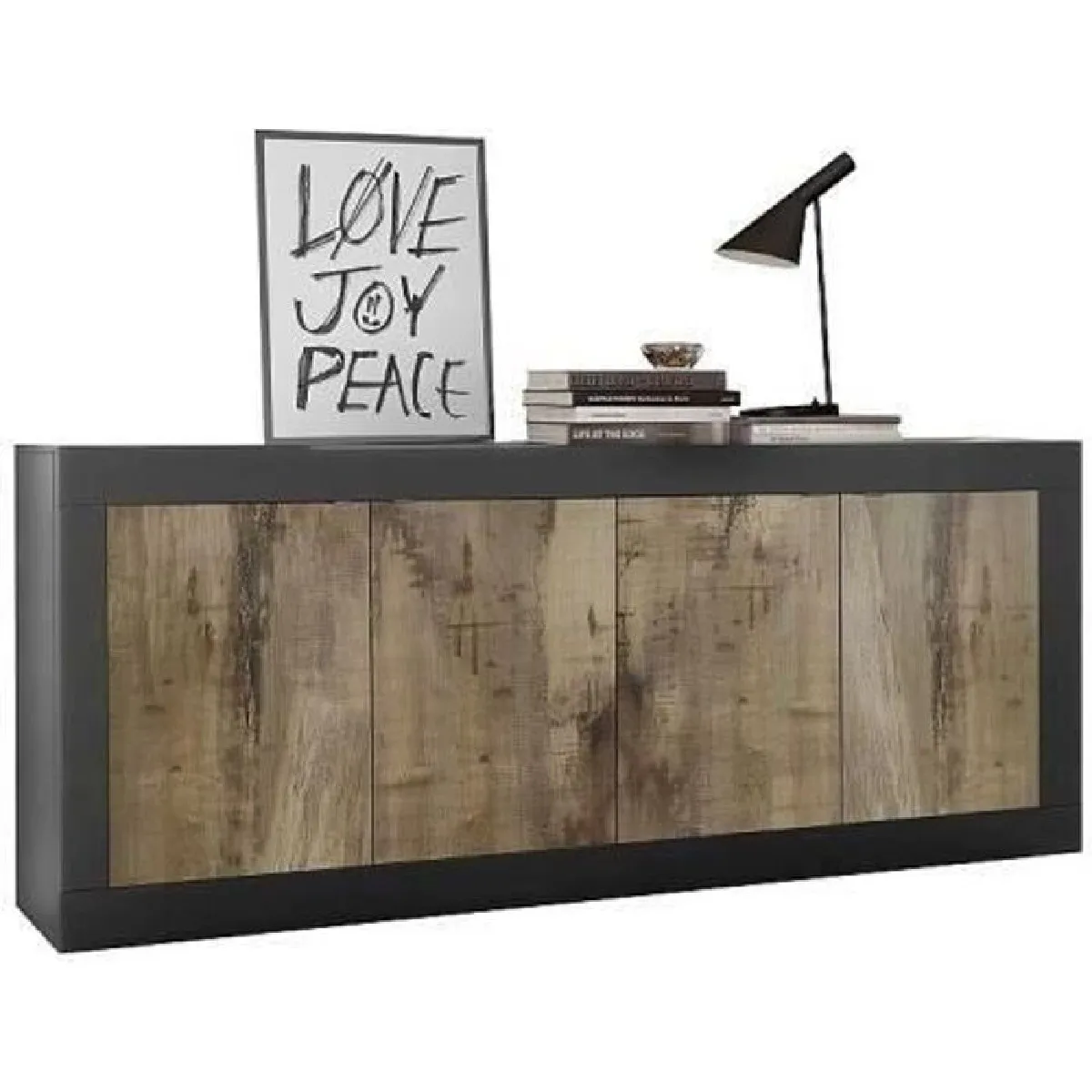 BUFFET BASICO - DÉCOR NOIR MAT ET CHENE PERO - 4 PORTES - L 207 X P 43 X H 86 CM