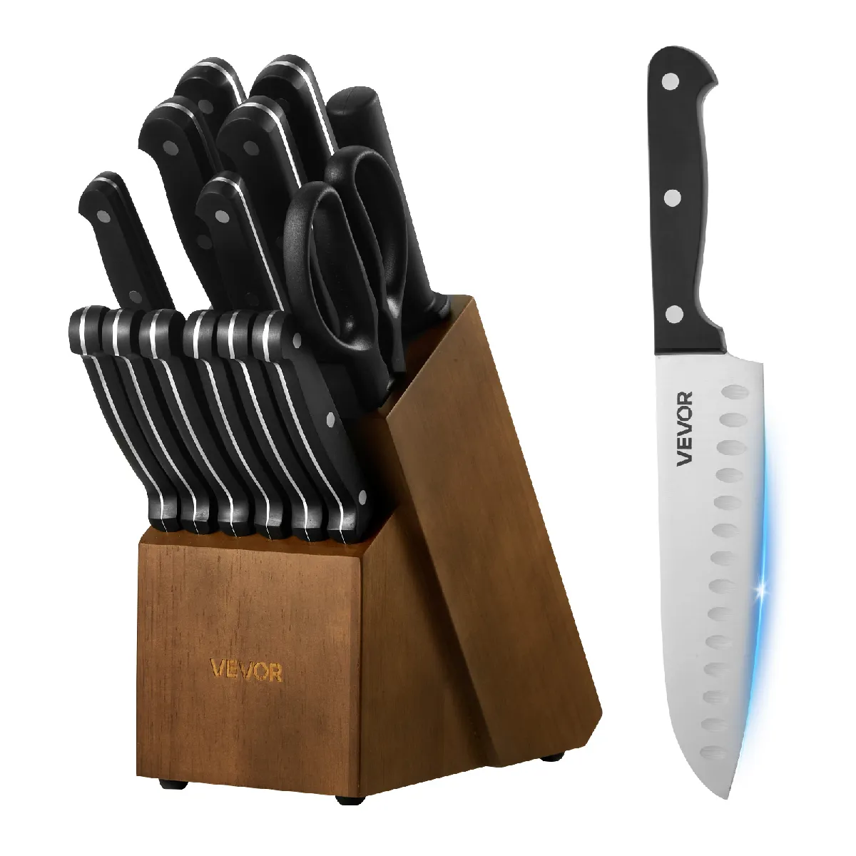 Vevor Argent/Noir Set Couteaux Cuisine Avec Bloc Et Aiguiseur 15Pcs, Bloc De Couteaux Allemands En Inox À Haute Teneur En Carbone, Coutellerie Haute Dureté Avec M - Image 3