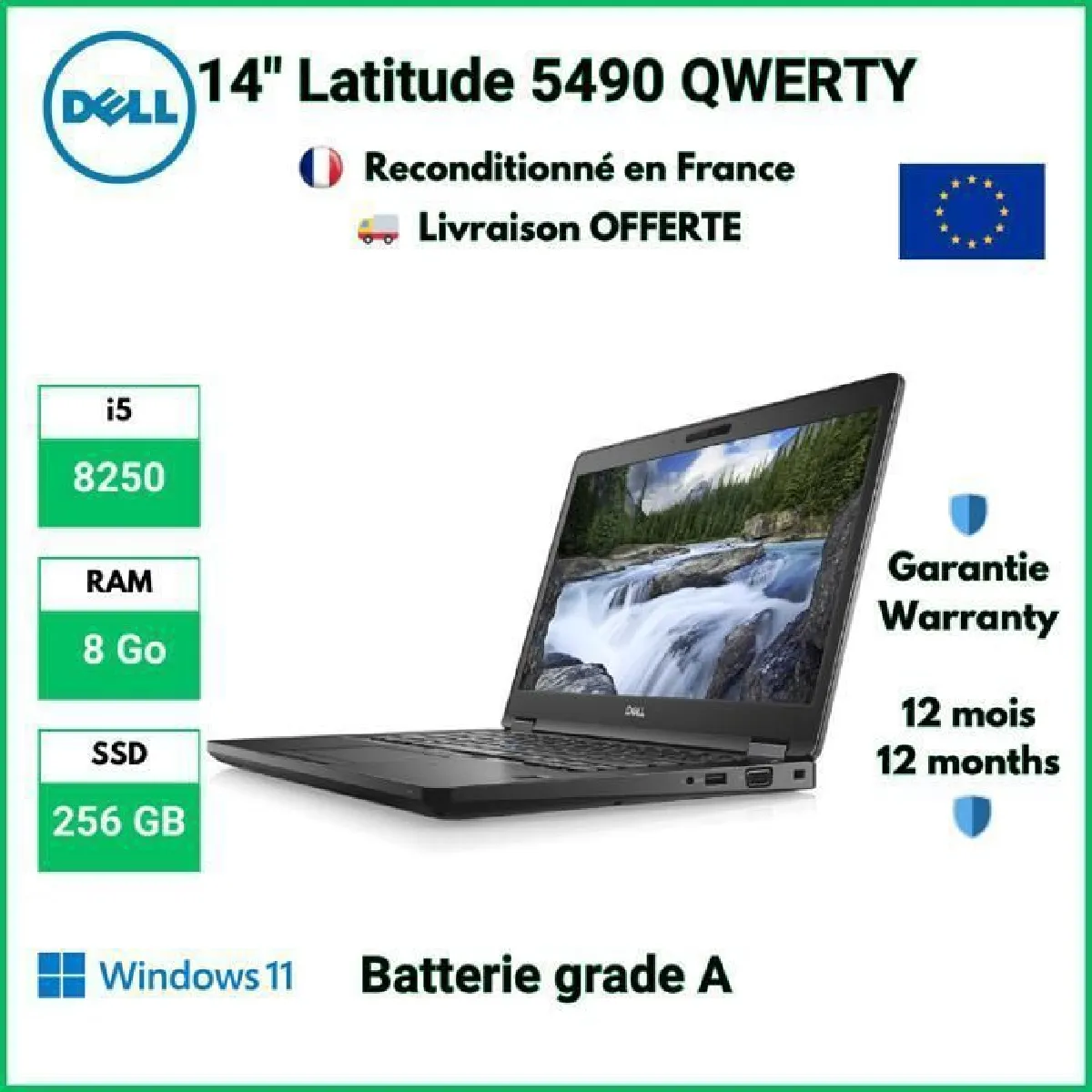 Dell Latitude 5490 QWERTY i5 8250 8 Go DDR4 256 SSD Windows 11 Pro Batterie Grade A - vue 2