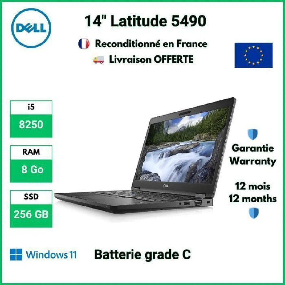 Dell Latitude 5490 i5 8250 8 Go DDR4 256 SSD Windows 11 Pro Batterie Grade C - vue 2