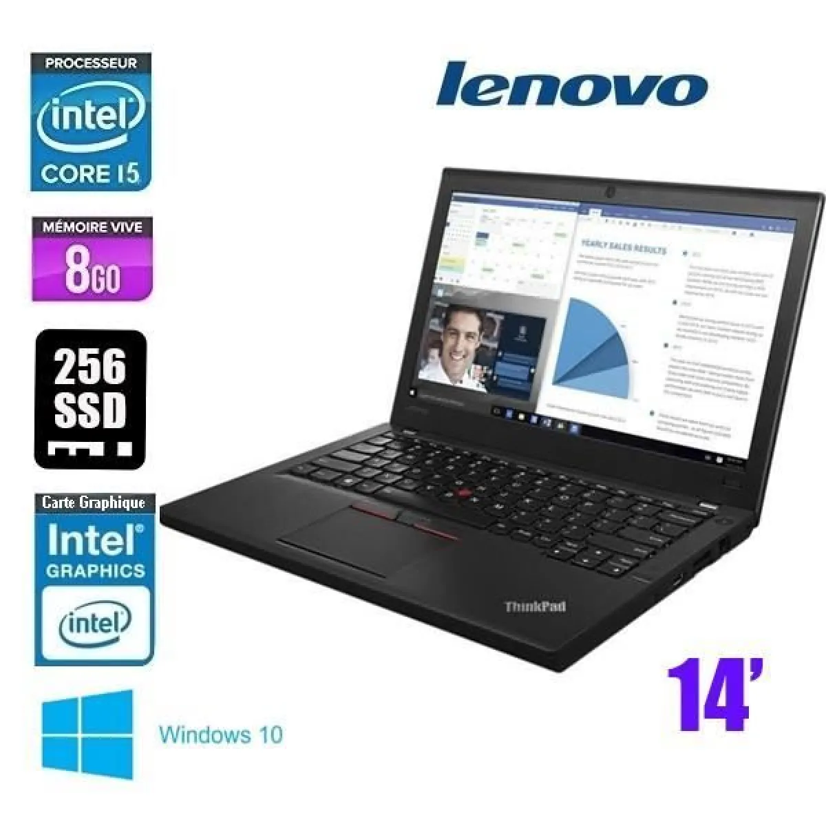 Lenovo ThinkPad T460s Intel® Core™ i5 de 6eme génération 2 4 GHz 35 6 cm (14) 1920 x 1080 pixels 8 Go 256 Go Noir Reconditionné - vue 1