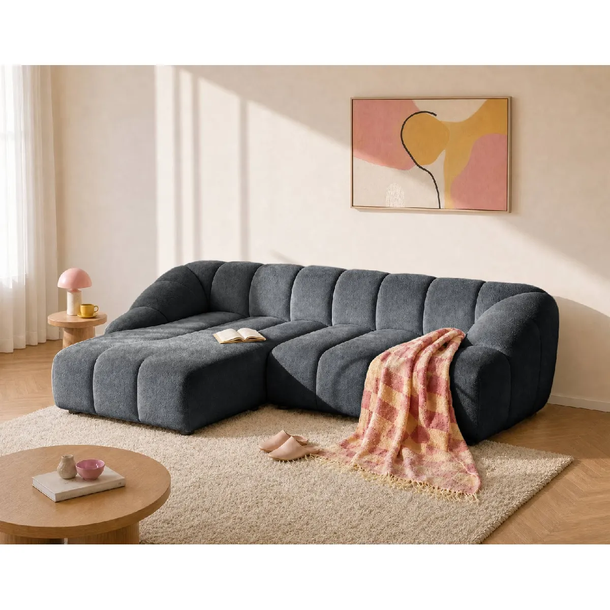 Bestmobilier Gris Ava - Canapé D'angle Réversible 4 Places En Velours Texturé