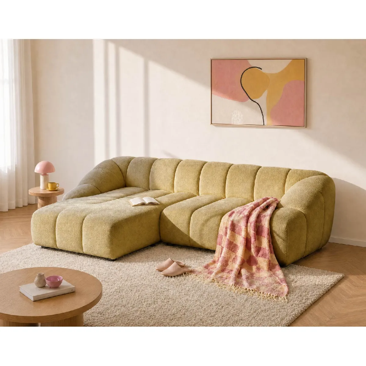 Bestmobilier Jaune Ava - Canapé D'angle Réversible 4 Places En Velours Texturé