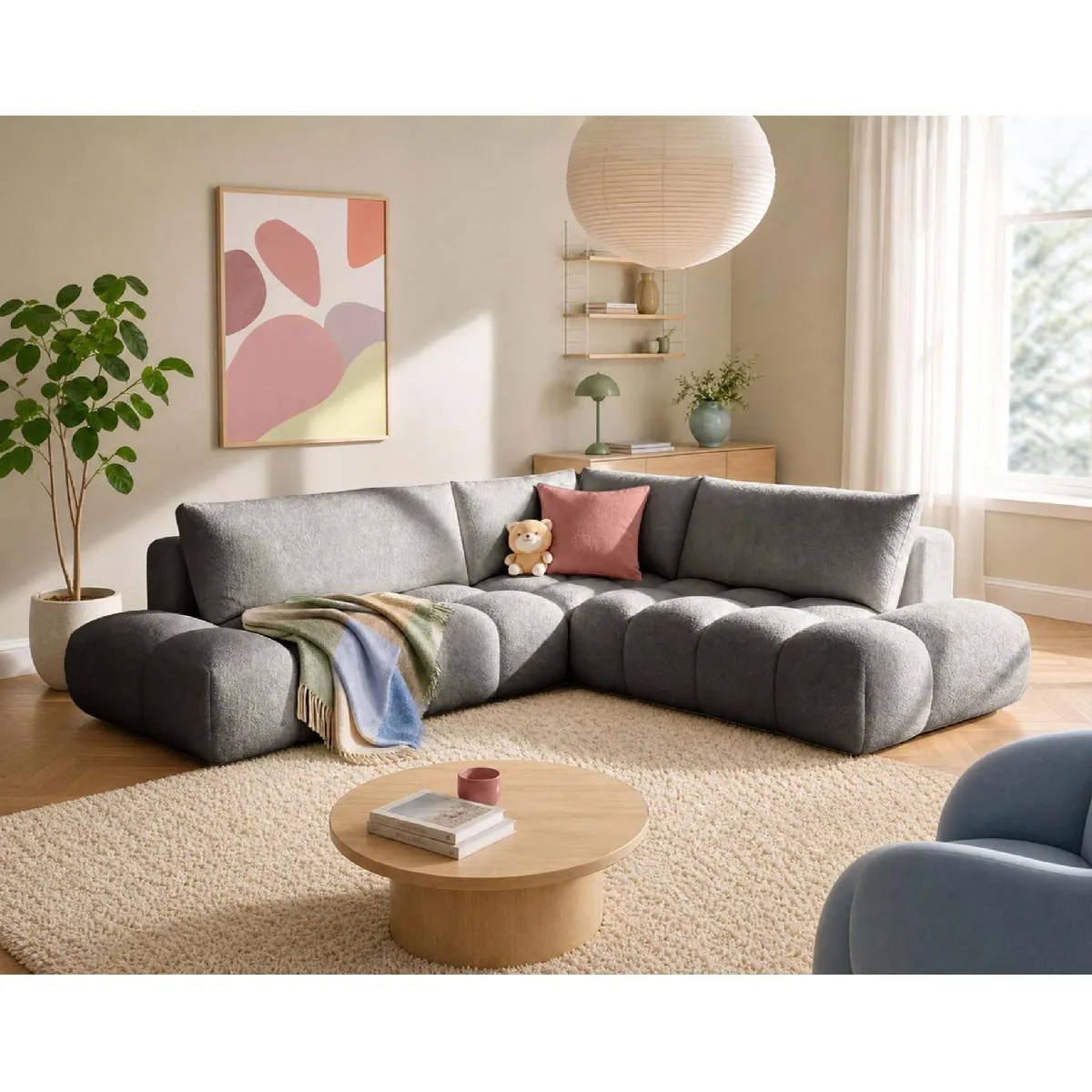 Bestmobilier Gris Yulin - Canapé D'angle L 5 Places Convertible Avec Coffre En Tissu Bouclette