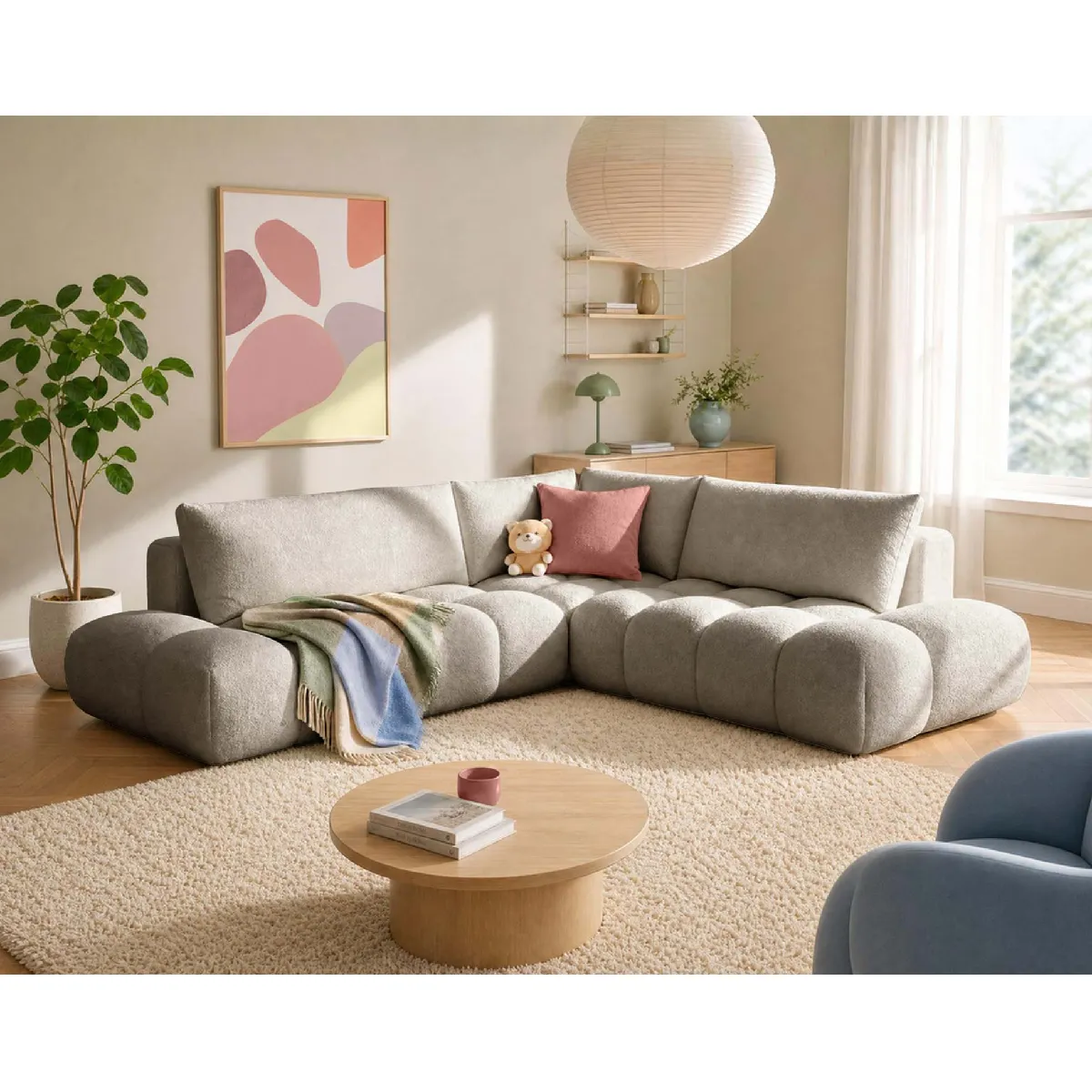 Bestmobilier Yulin - Canapé D'angle L 5 Places Convertible Avec Coffre En Tissu Bouclette