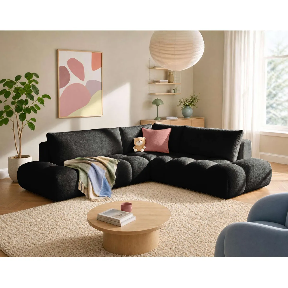 Bestmobilier Noir Yulin - Canapé D'angle L 5 Places Convertible Avec Coffre En Tissu Bouclette