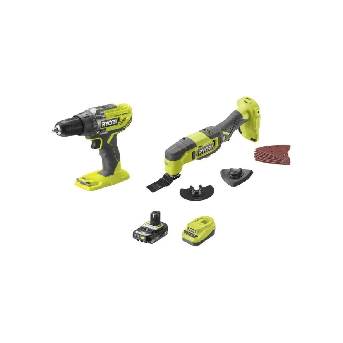 Pack 2 outils Perceuse Visseuse et Outil Multifonction RYOBI 18V One+ Avec batterie 2 0Ah et chargeur - vue 2