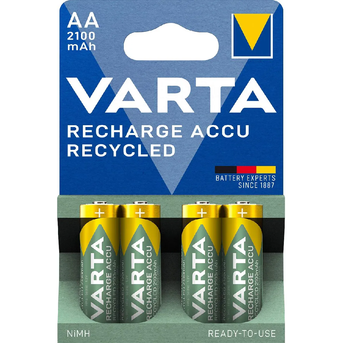 VARTA Piles rechargeables AA lot de 4 Recharge Accu Recycled 2100 mAh Ni MH fabriquées avec 21% de matériaux recyclés préchargées prêtes à 'emploi - vue 3