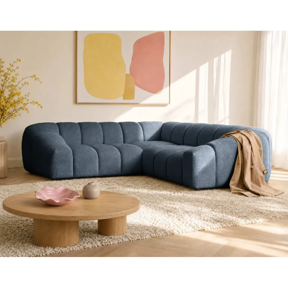 Bestmobilier Bleu Ava - Canapé D'angle L 5 Places En Velours Texturé