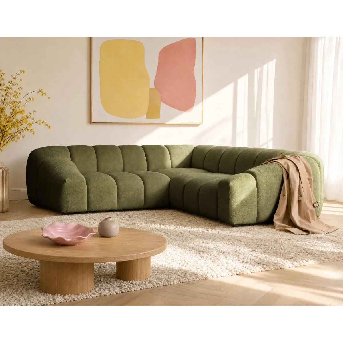 Bestmobilier Vert Ava - Canapé D'angle L 5 Places En Velours Texturé