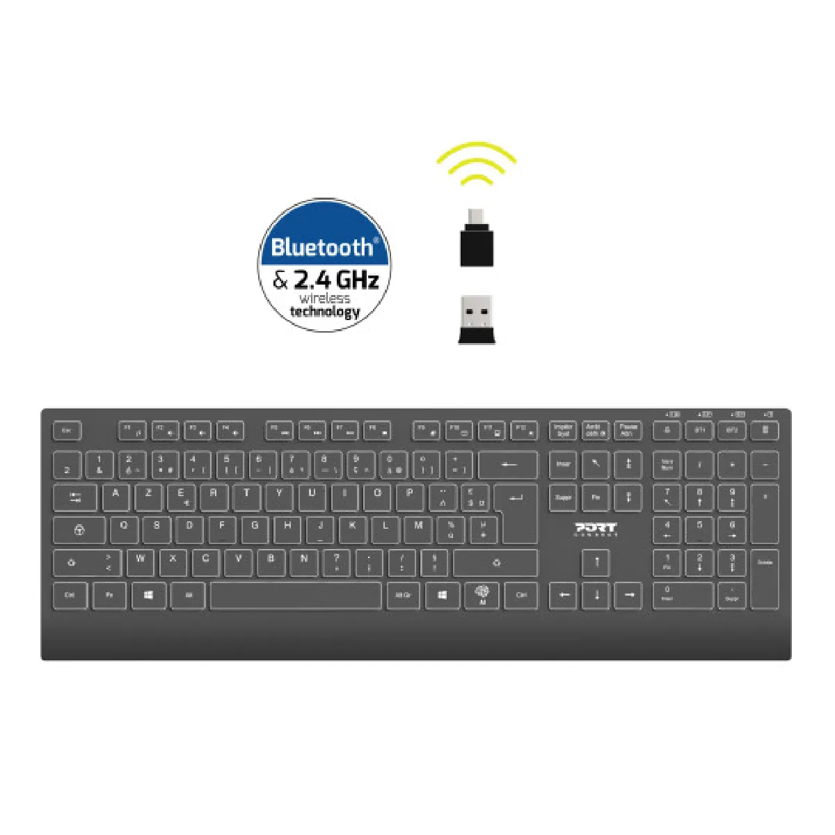 PORT DESIGNS Clavier Azerty sans fil rétroéclairé avec Bluetooth et connexion USB-C pour 3 appareils - Image 3