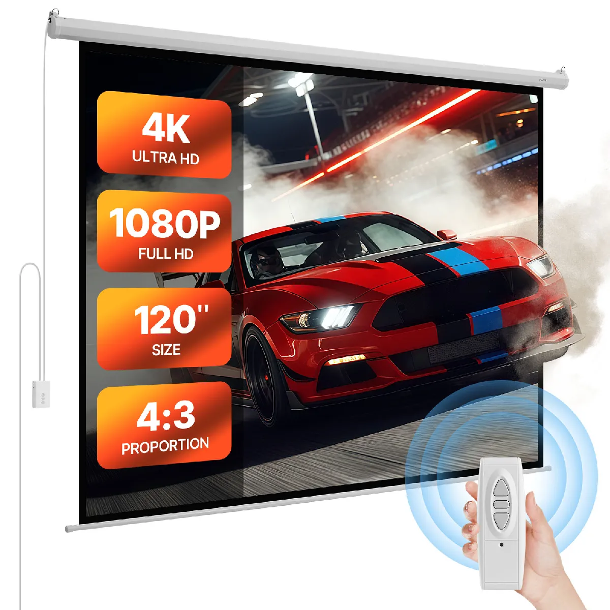 VEVOR Motor Projektionsleinwand Beamer Leinwand, 120 Zoll 4:3 4K 1080 HD, Projektionsdisplay-Projektor mit Fernbedienung, automatische Filmleinwand, tragbare Rolloleinwand Heimkino Heimbüro