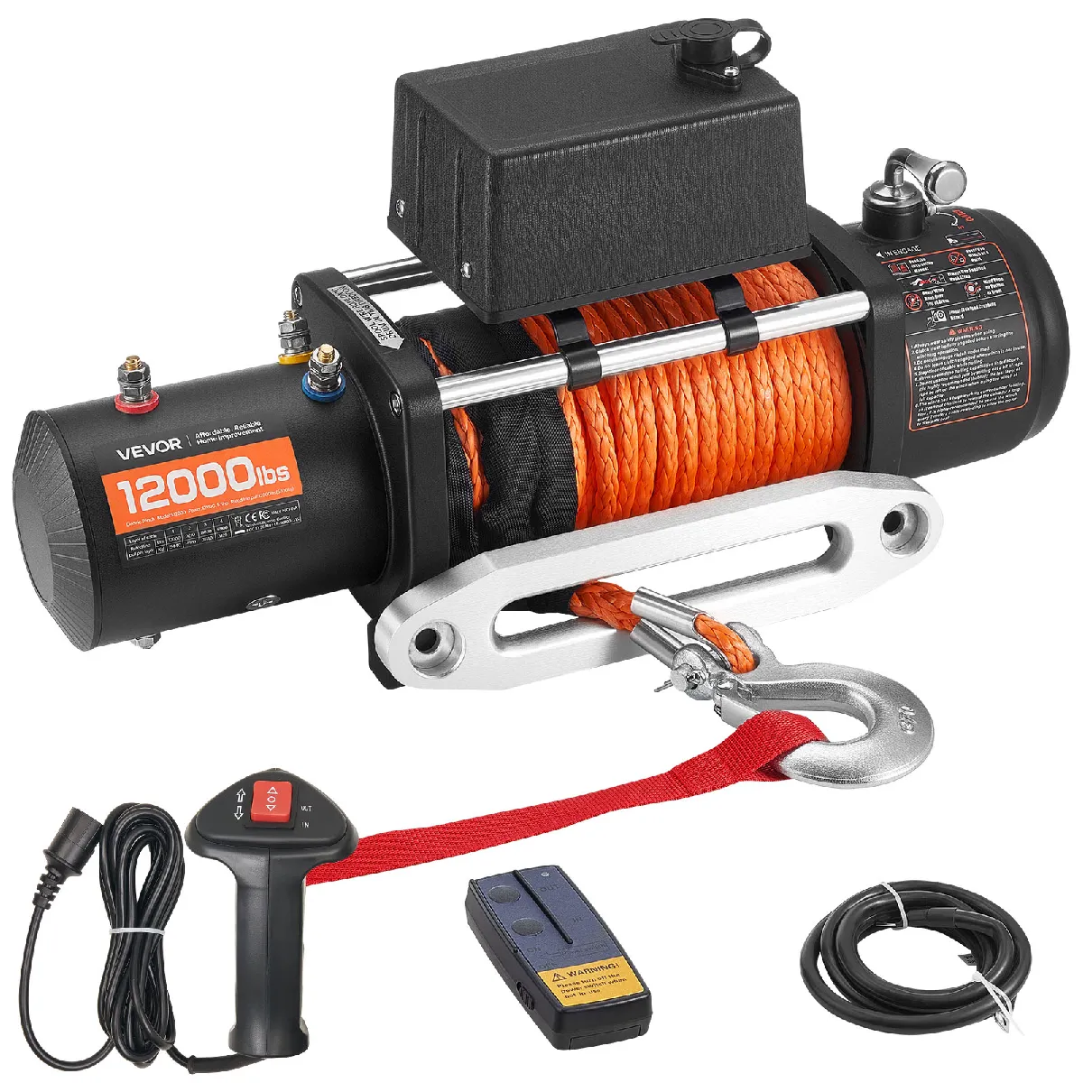 VEVOR Elektrische Seilwinde, 5400 kg, 12 V DC LKW-Winde mit Φ9,1mm x 23m Synthetikseil, kabellose & kabelgebundene Fernbedienung, IP55 zum Abschleppen von Geländewagen, Jeeps, Anhängern & Booten