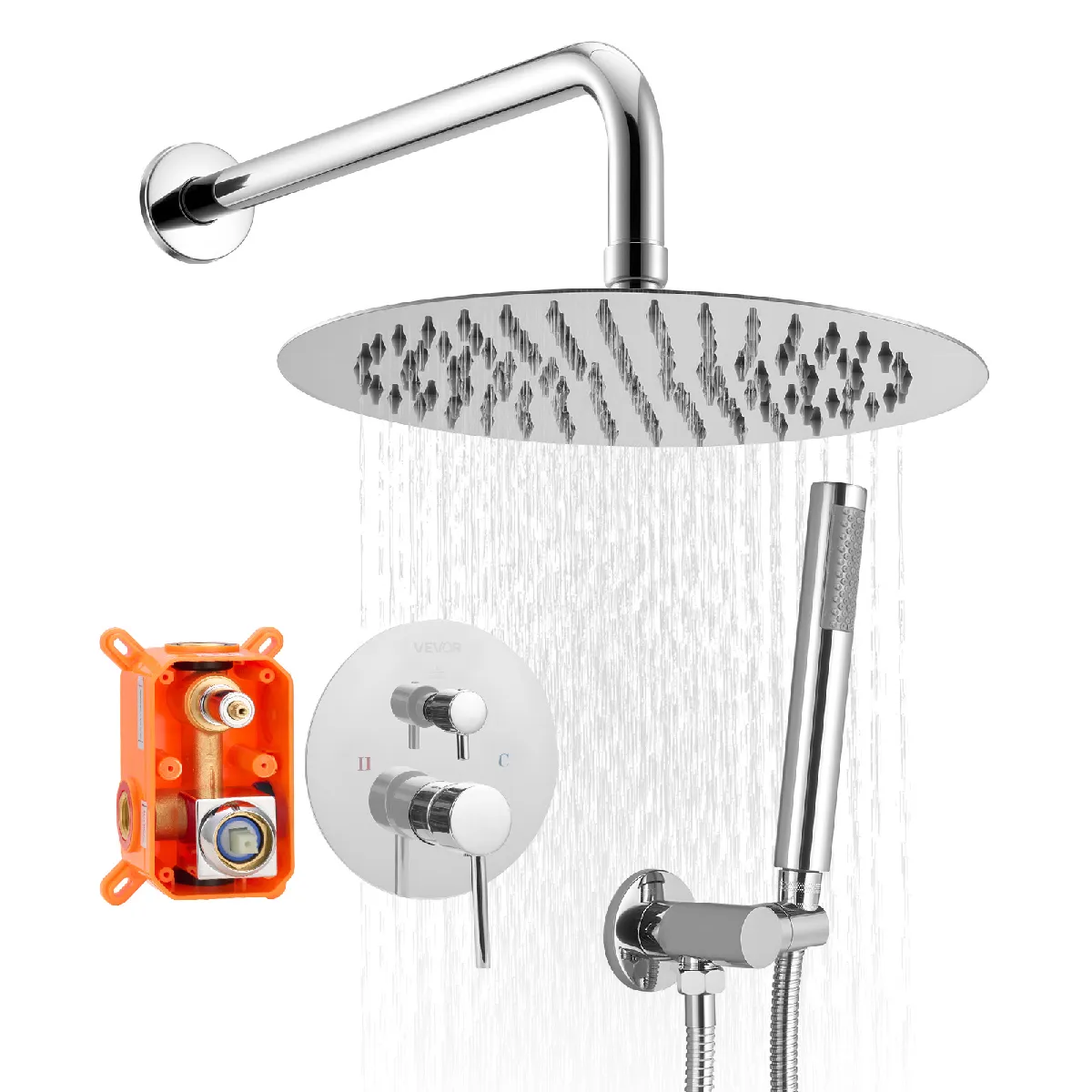 VEVOR Duscharmatur Regenduschsystem fürs Badezimmer Duschsystem mit 254 mm runden Regenduschkopf & Handbrause, wandmontierte Badezimmerarmaturen mit Messingventil & Zierset, Silberchrom