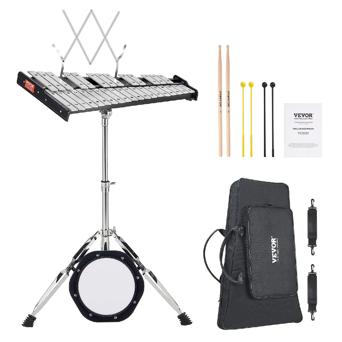 VEVOR Glockenspiel-Xylophon-Set mit 32 Noten, professionelles Schlaginstrumenten-Set mit Schlägeln, Trommelstöcken, Notenständer, 20,3 cm Übungspad, verstellbarem Ständer und Tragetasche