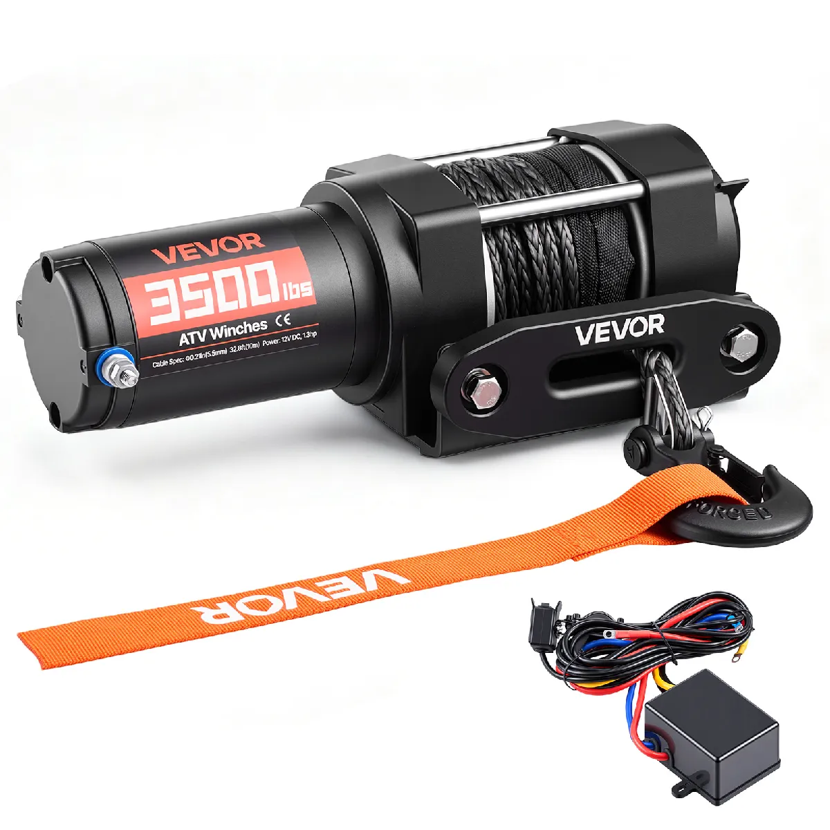 VEVOR Elektrische Seilwinde 1587 kg, 12 V DC Motorwinde mit 5,3 mm x 10 m Synthetikseil & Kabelgebundener Fernbedienung, IP55, Aluminiumgehäuse, Elektrowinde zum Abschleppen von ATVs, Schwarz