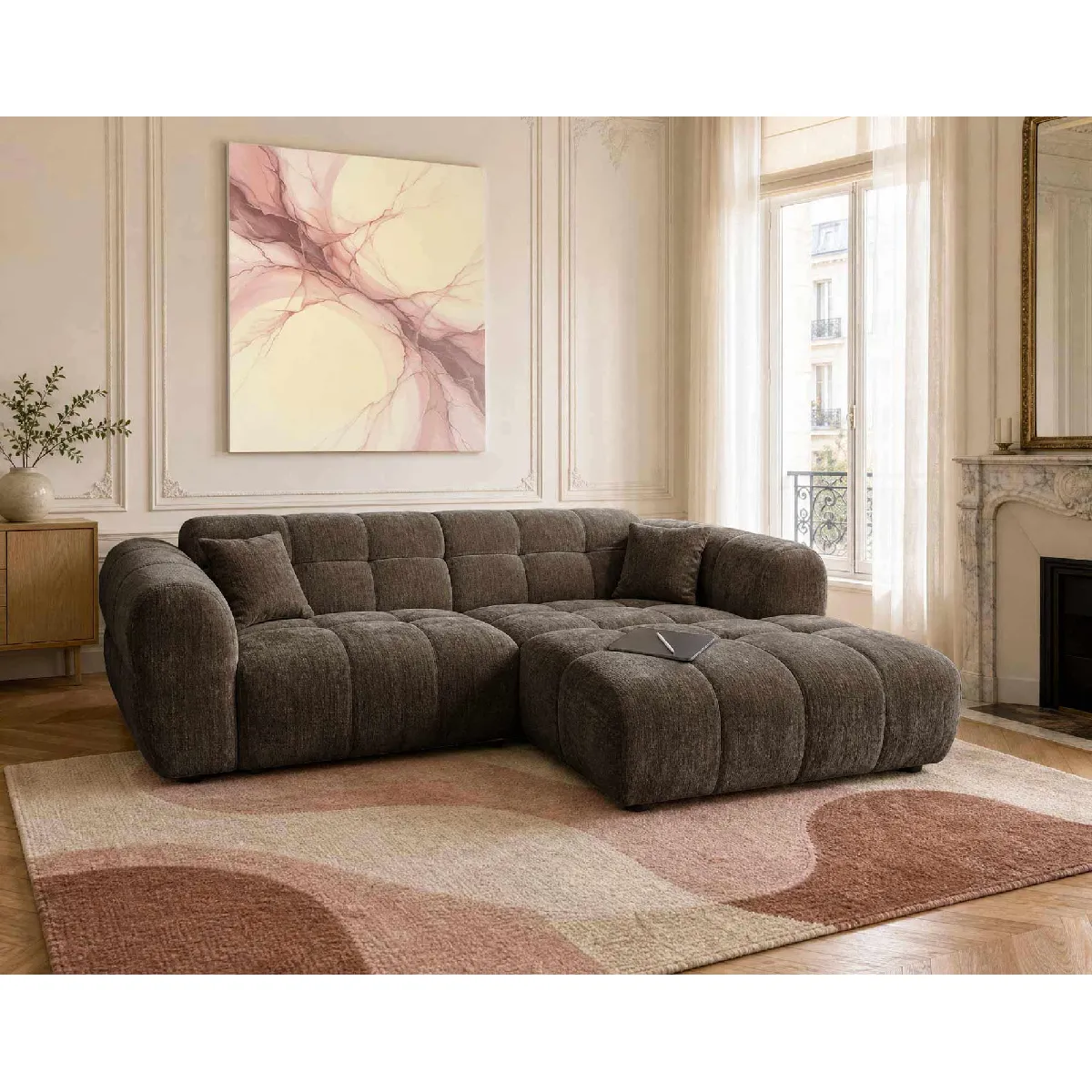 Bestmobilier Marron Mini Ray - Canapé D'angle Droit 4 Places En Tissu Texturé