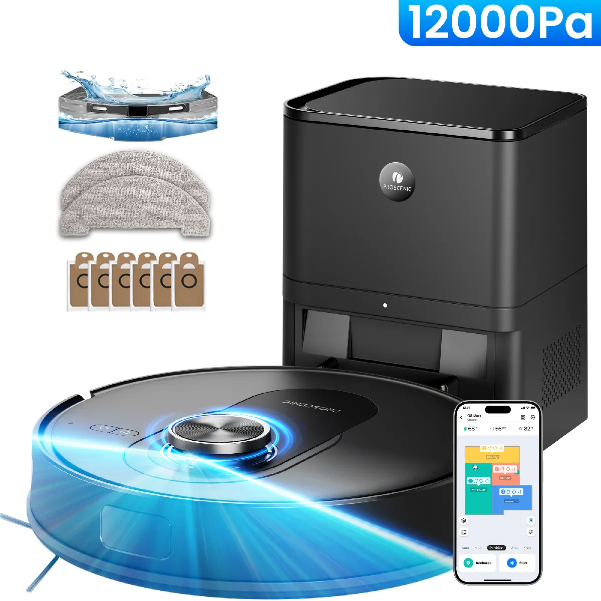 Proscenic Q8 Max- Aspirateur Robot Laveur 2 en 1 - Station Auto-Vidage - Automnomie 200 Min - Navigation LiDAR - Connecté Alexa, APP