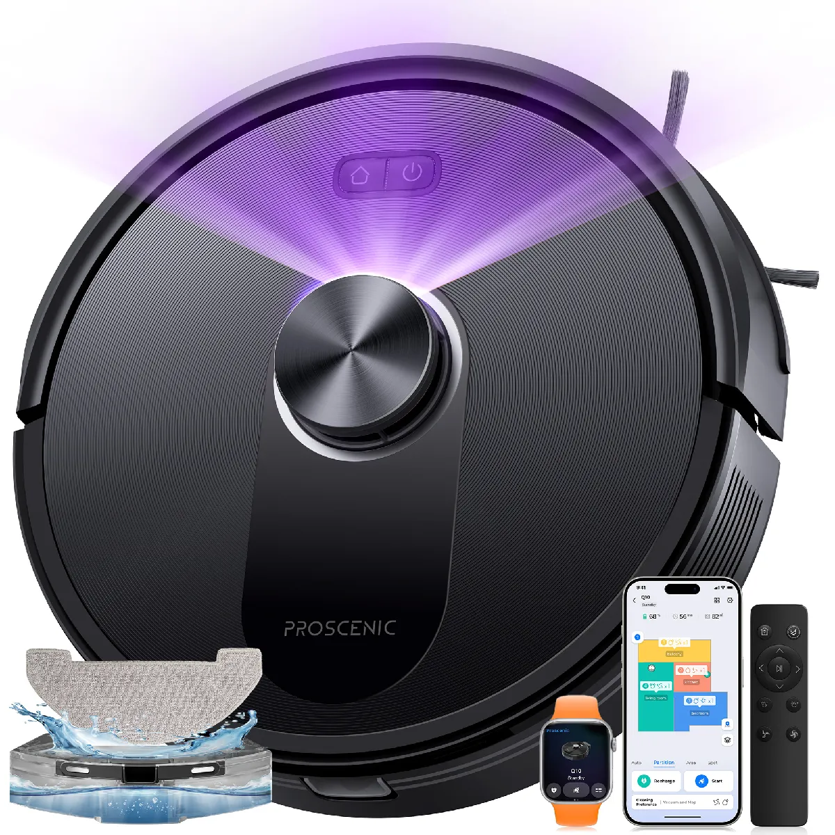 Proscenic Q8 - Aspirateur Robot Laveur 2 en 1 - 6000pa - Automnomie 200Min - Navigation LiDAR - Alexa, Google Home, Siri, IFTTT, APP