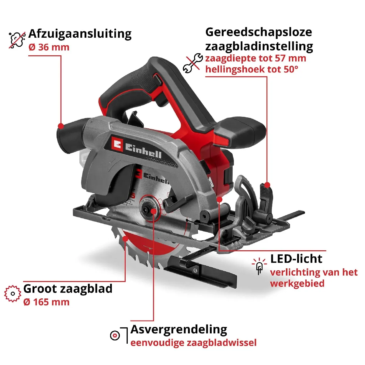 Einhell Scie Circulaire Portative Sans Fil - Te-Cs 18/165-2 Li - Ø 165 Mm - 18 V - Profondeur 57 Mm - Angle Réglable - Led - Raccord Aspirateur - Image 4