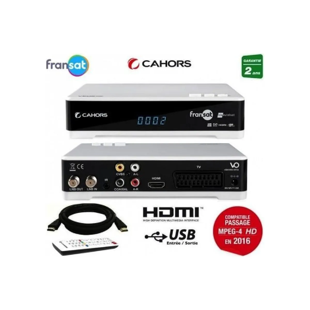 CAHORS VEOX Récepteur satellite HD Reconditionné + Carte FRANSAT HD + Cable HDMi 2M