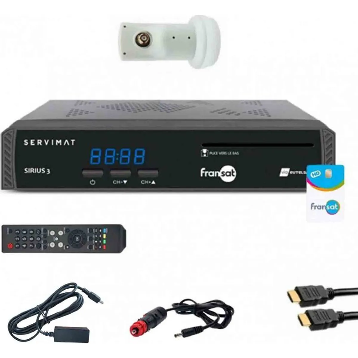 Servimat SIRIUS HD SERVIMAT Démodulateur satellite + carte Fransat + Déport IR + Cable HDMI + Cordon 12V + LNB Single Best 0,1dB HG101