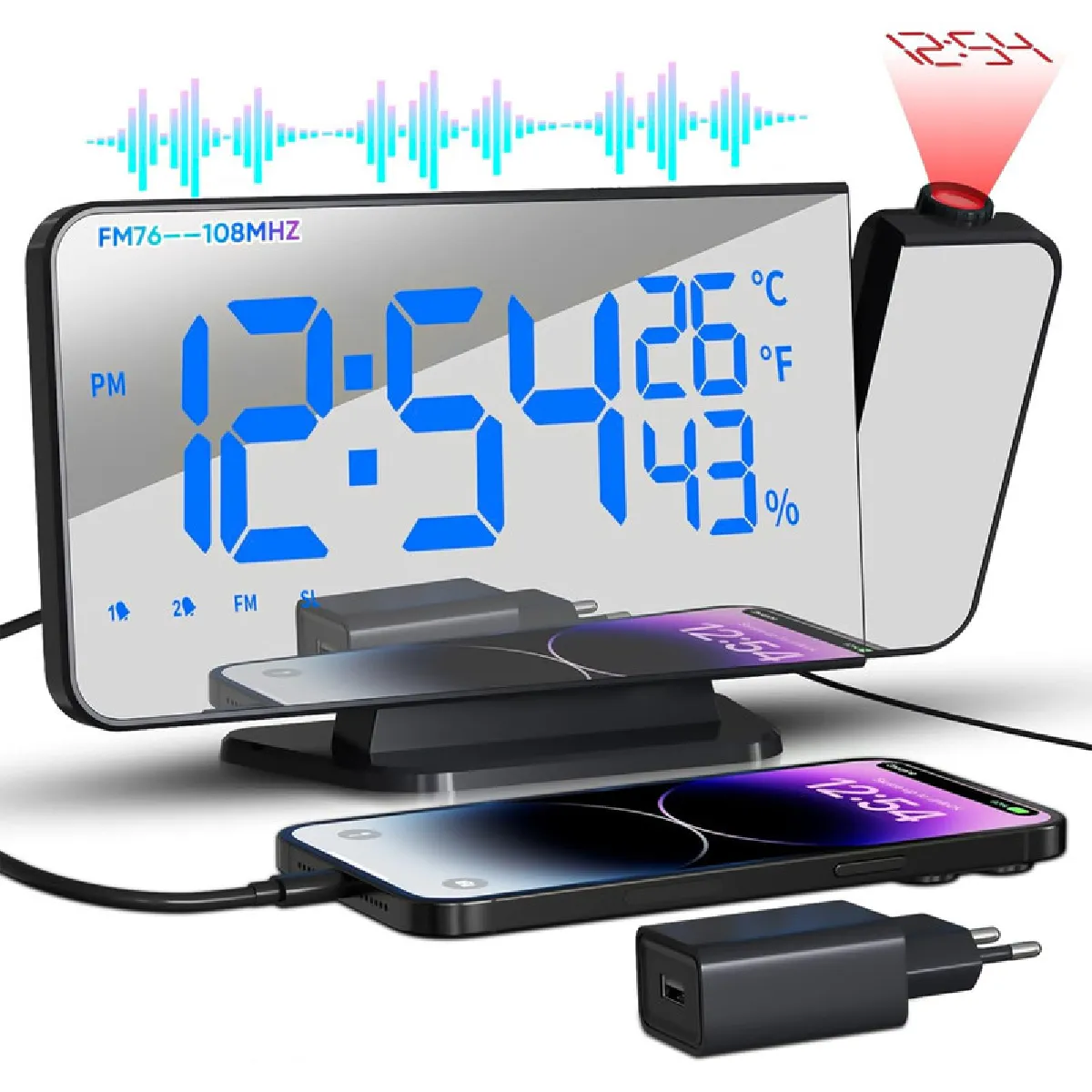 Radio-réveil Projecteur 180° - Châtelec - Réveil numérique Miroir LED avec FM - Noir