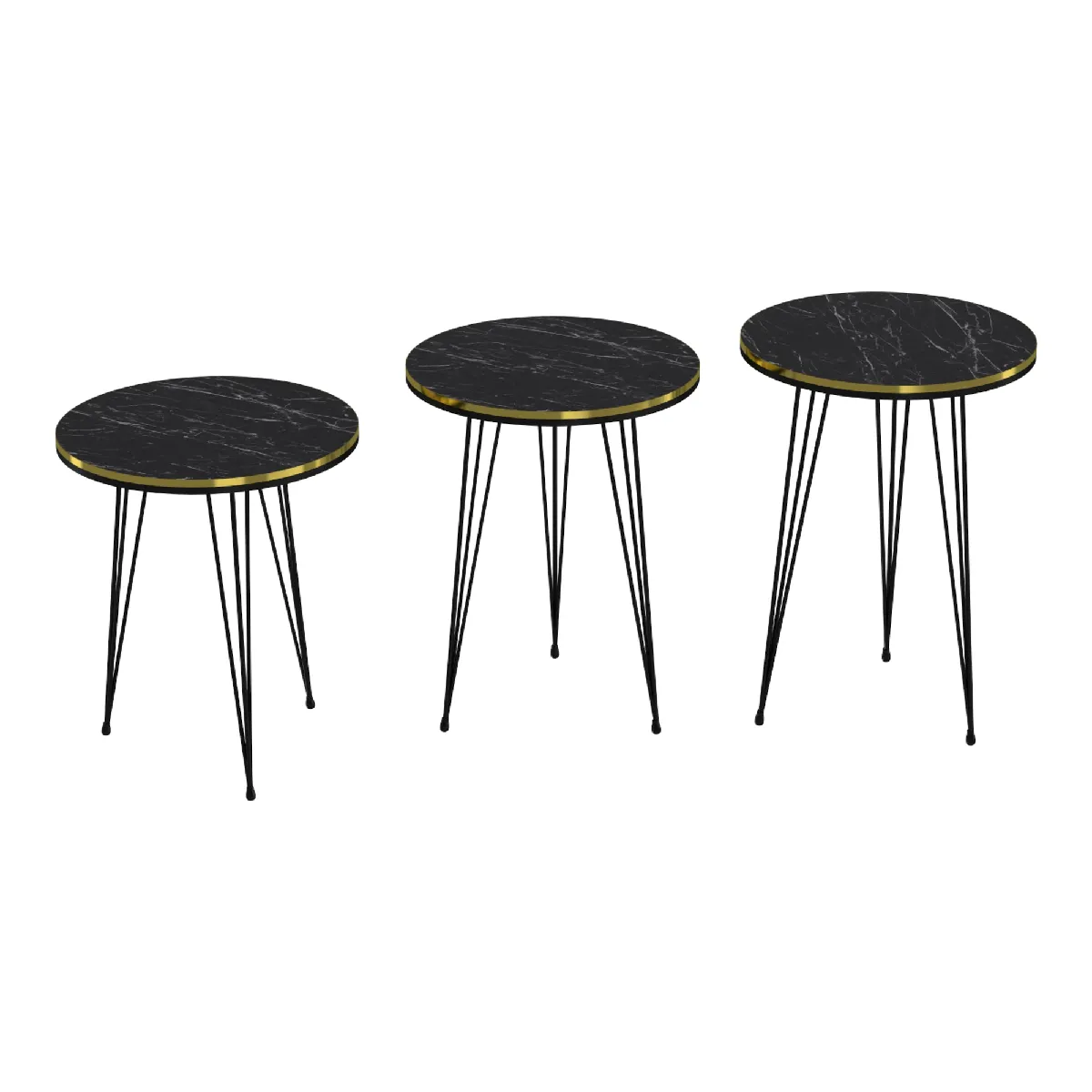 Comparer les prix de Set 3 tables gigognes rondes - Marbre noir/or