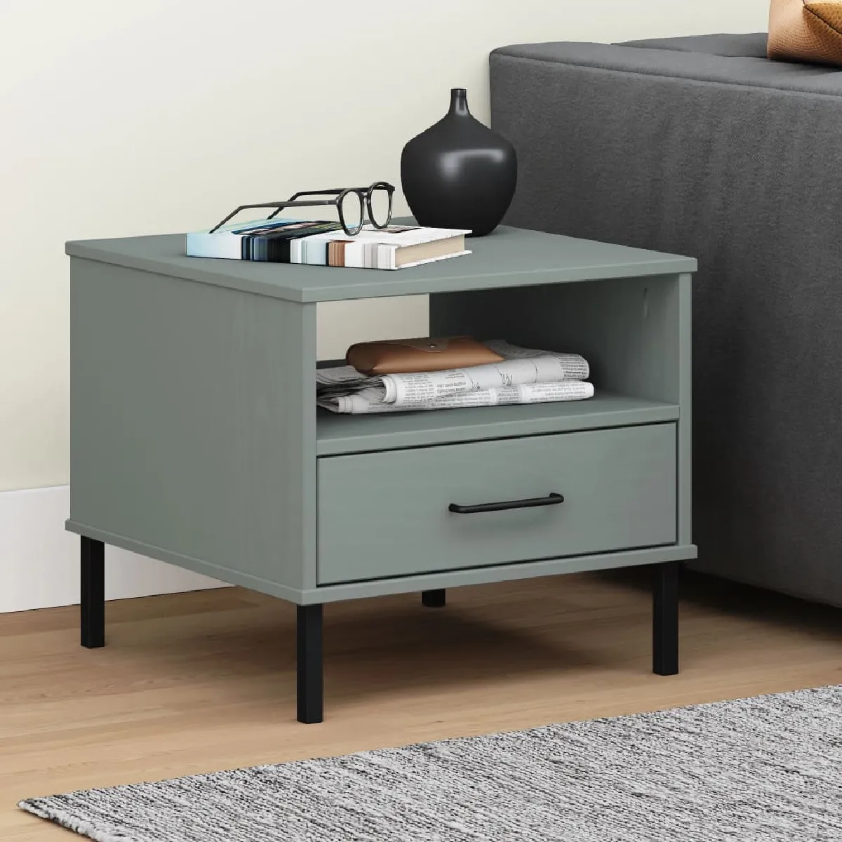 Vidaxl Gris Table De Chevet - Bois Pin Massif