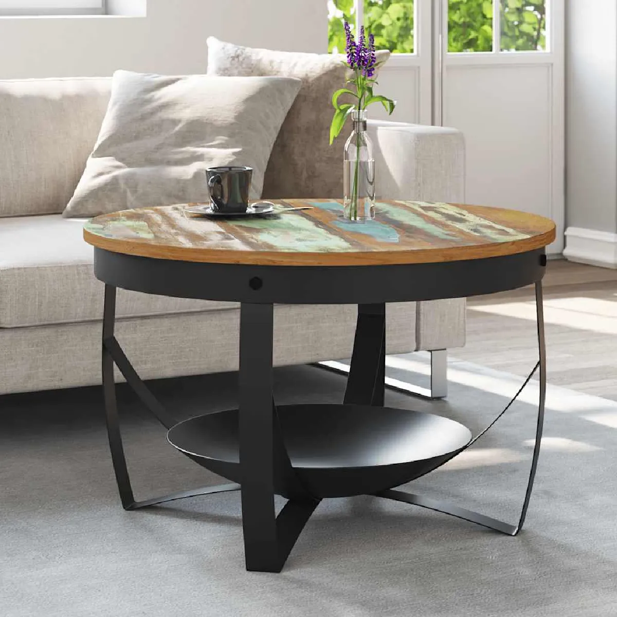 Non Communiqué Couleur Mélangée Table Basse Ø68x43 Cm Bois De Récupération Massif - Image 3