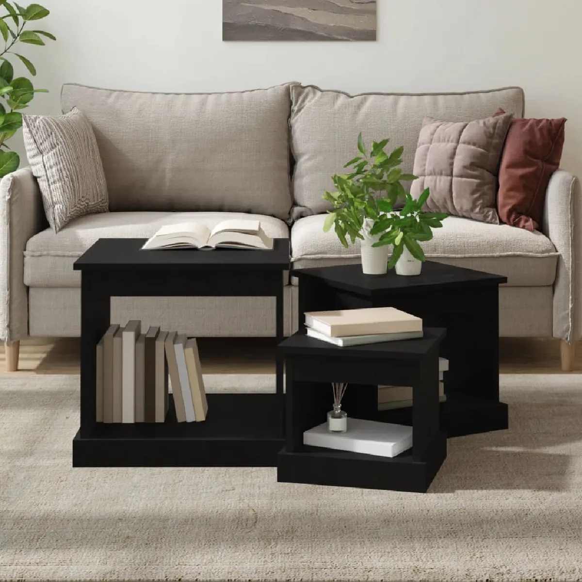 Vidaxl Noir Table Basse 3 Pièces - Bois D'ingénierie