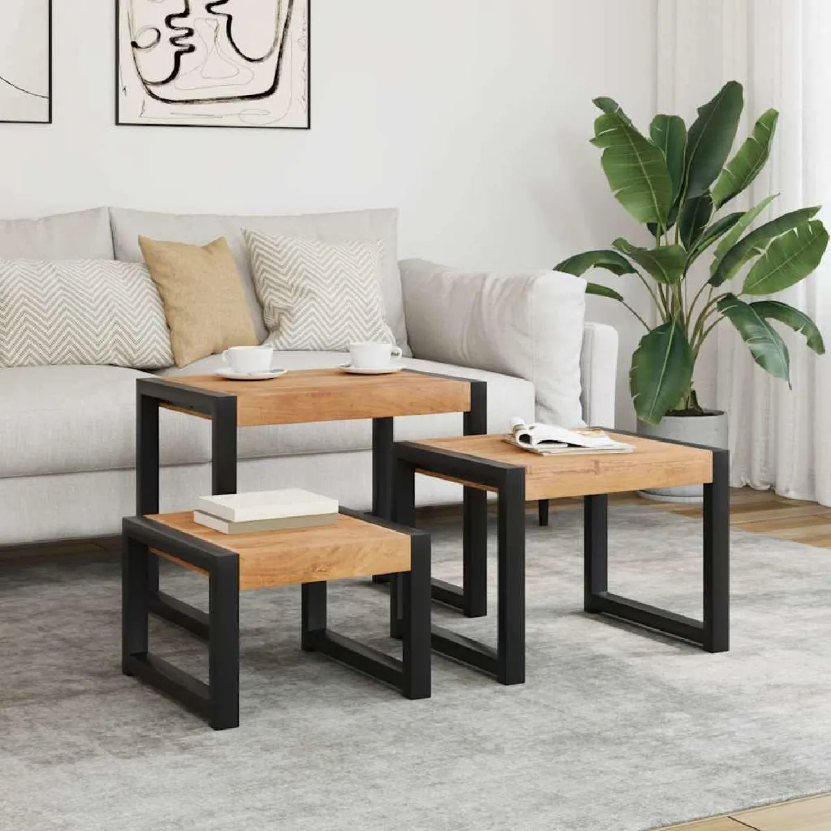 Non Communiqué Brun Tables Gigognes 3 Pcs Bois Solide - Image 3