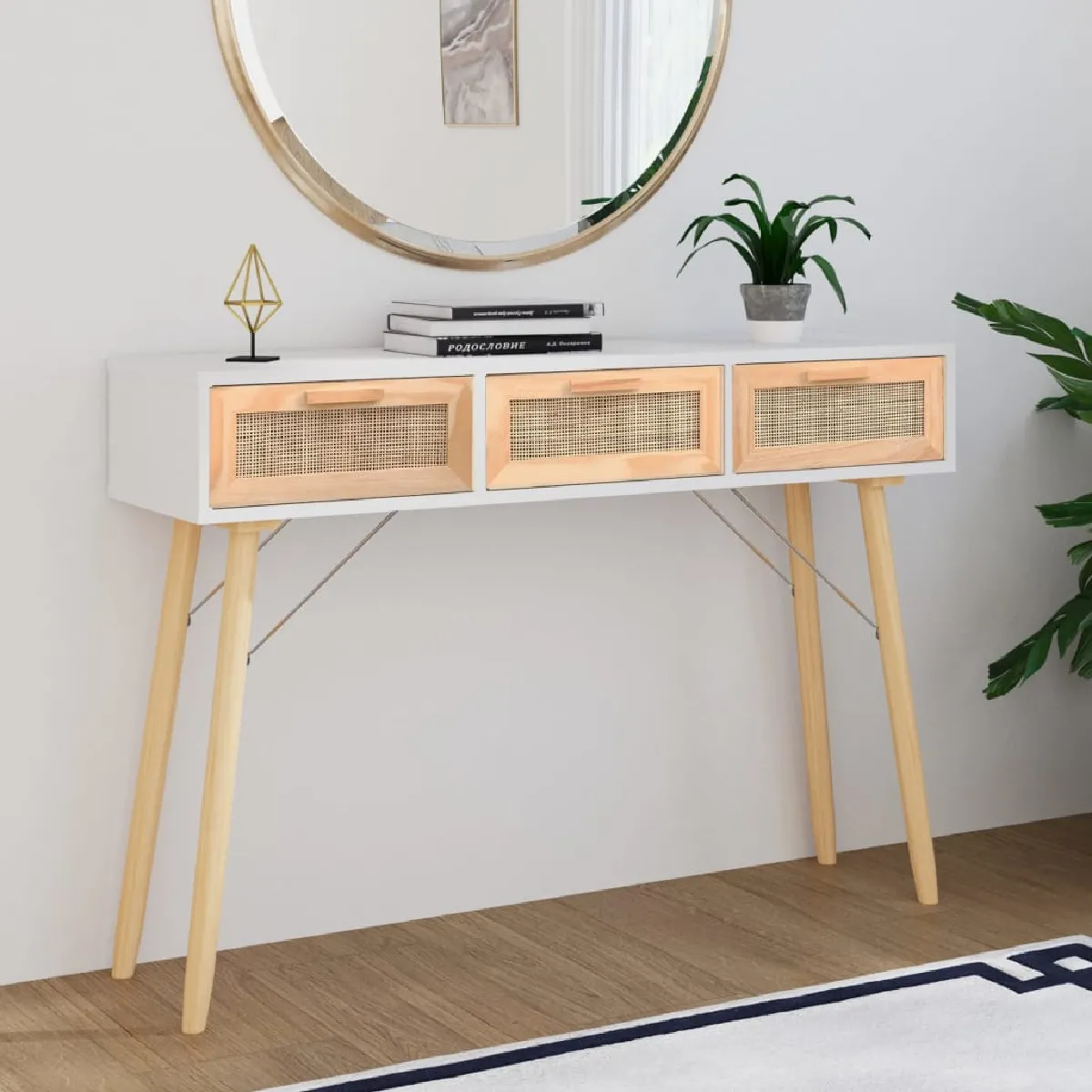 vidaXL Table console 105x30x75 cm Bois massif pin /rotin naturel - vue 2