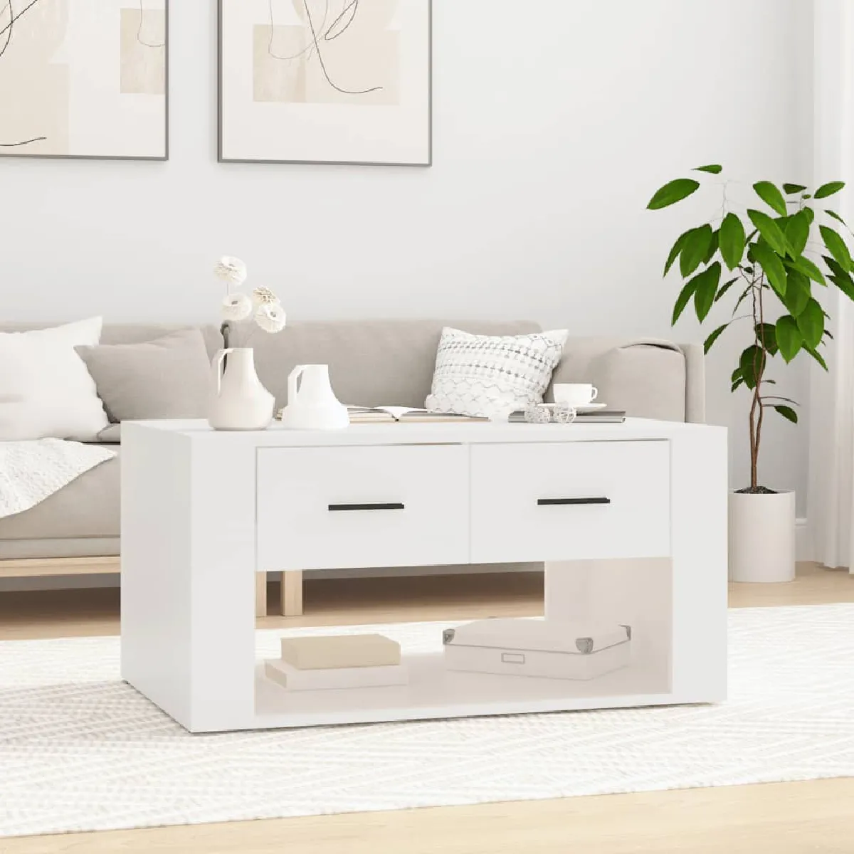 Non Communiqué Blanc Vidaxl Table Basse, Table D'appoint Avec 2 Tiroirs, Bout De Canapé, Meuble De Rangement Salle De Séjour, Moderne, Bois D'ingénierie - Image 3
