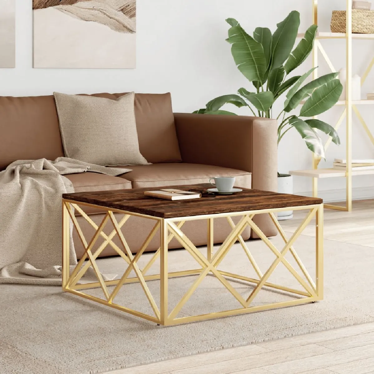 Meilleurs prix pour vidaXL Table basse en acier doré et bois massif de récupération