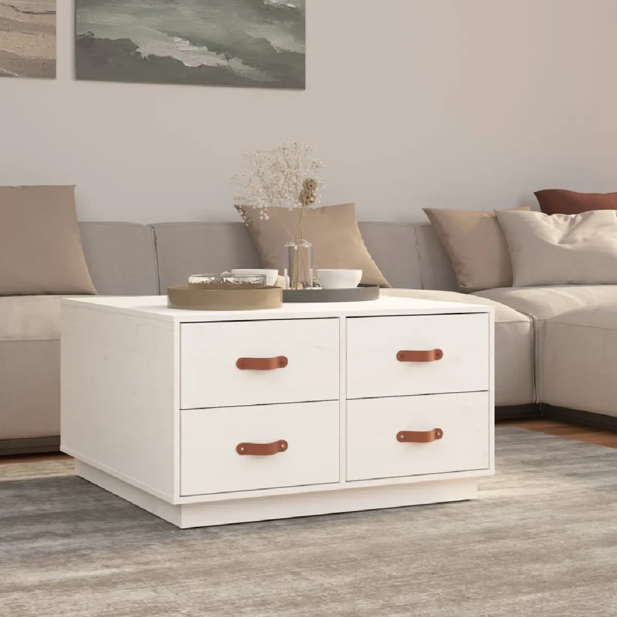Non Communiqué Blanc Table Basse 80X80x45 Cm Bois Massif De Pin - Image 3