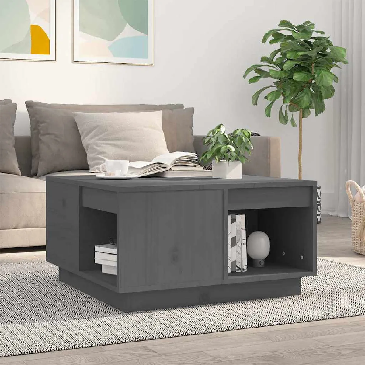 vidaXL - Table basse - Bois massif de pin - Gris - 60x61x32,5 cm - Image 3