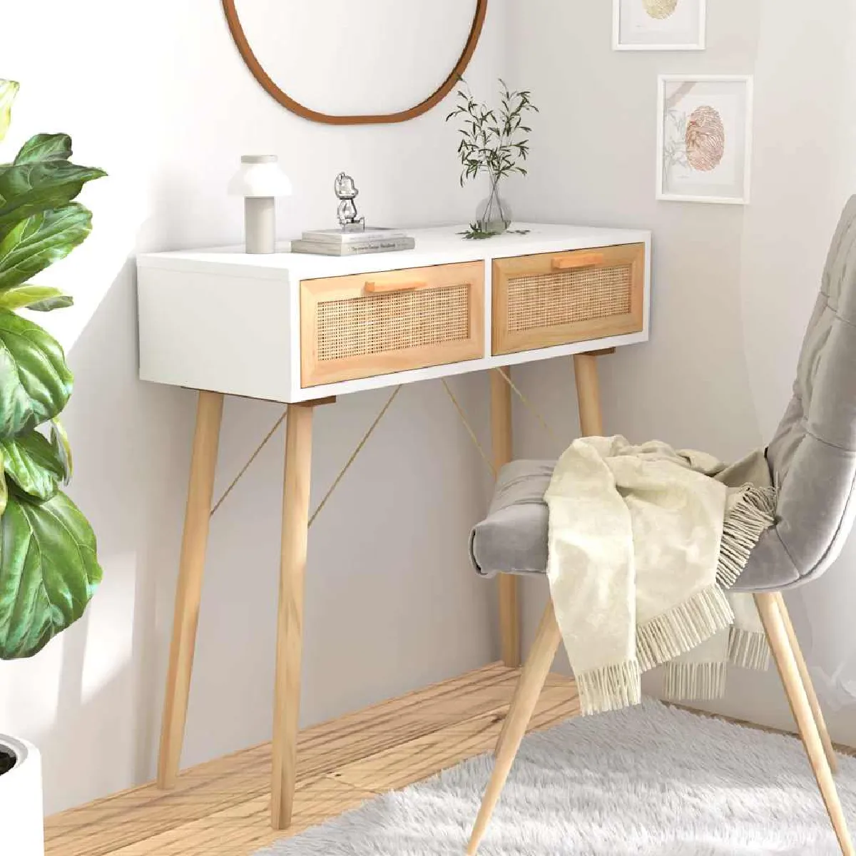 Non Communiqué Blanc Table Console 80X30x75 Cm Bois Massif Pin Rotin Naturel - Image 3