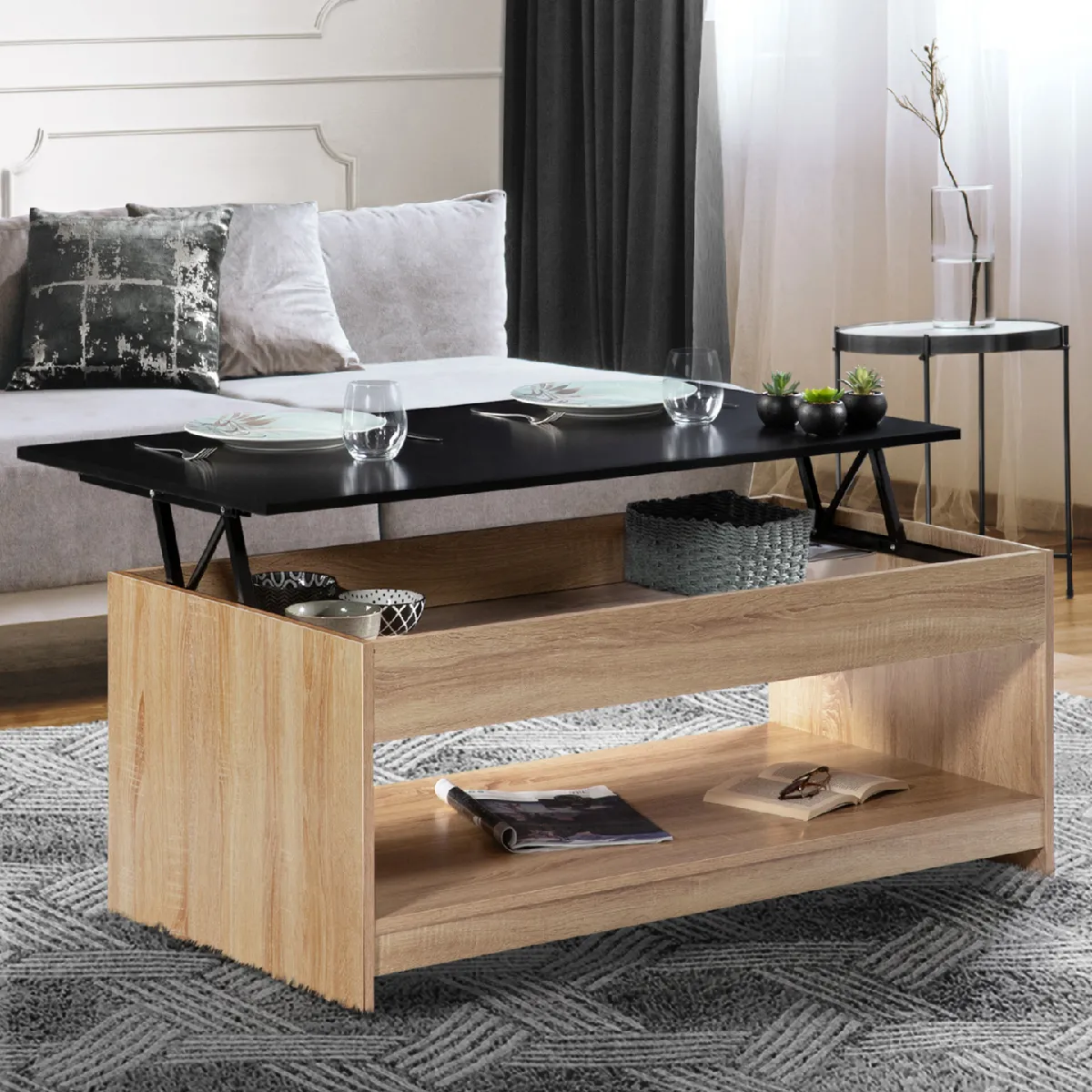 Meilleurs prix pour MARKET Table basse SOA - Bois imitation hêtre, plateau relevable noir