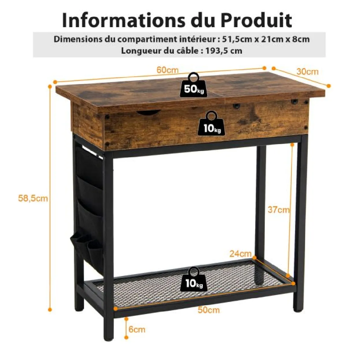 Comparer les prix de Table d'appoint avec prise intégrée - Marron rustique