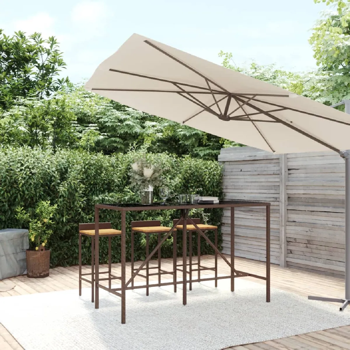 Vidaxl Table de bar et dessus en verre marron 180x70x110 cm poly rotin 362590
