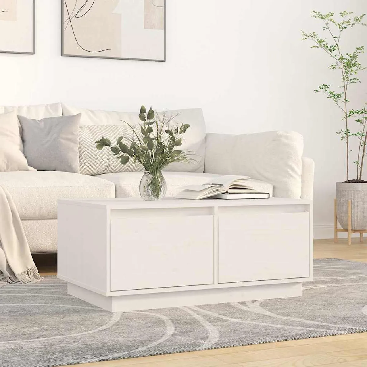 Non Communiqué Blanc Table Basse 80X50x35 Cm Bois Massif De Pin - Image 3