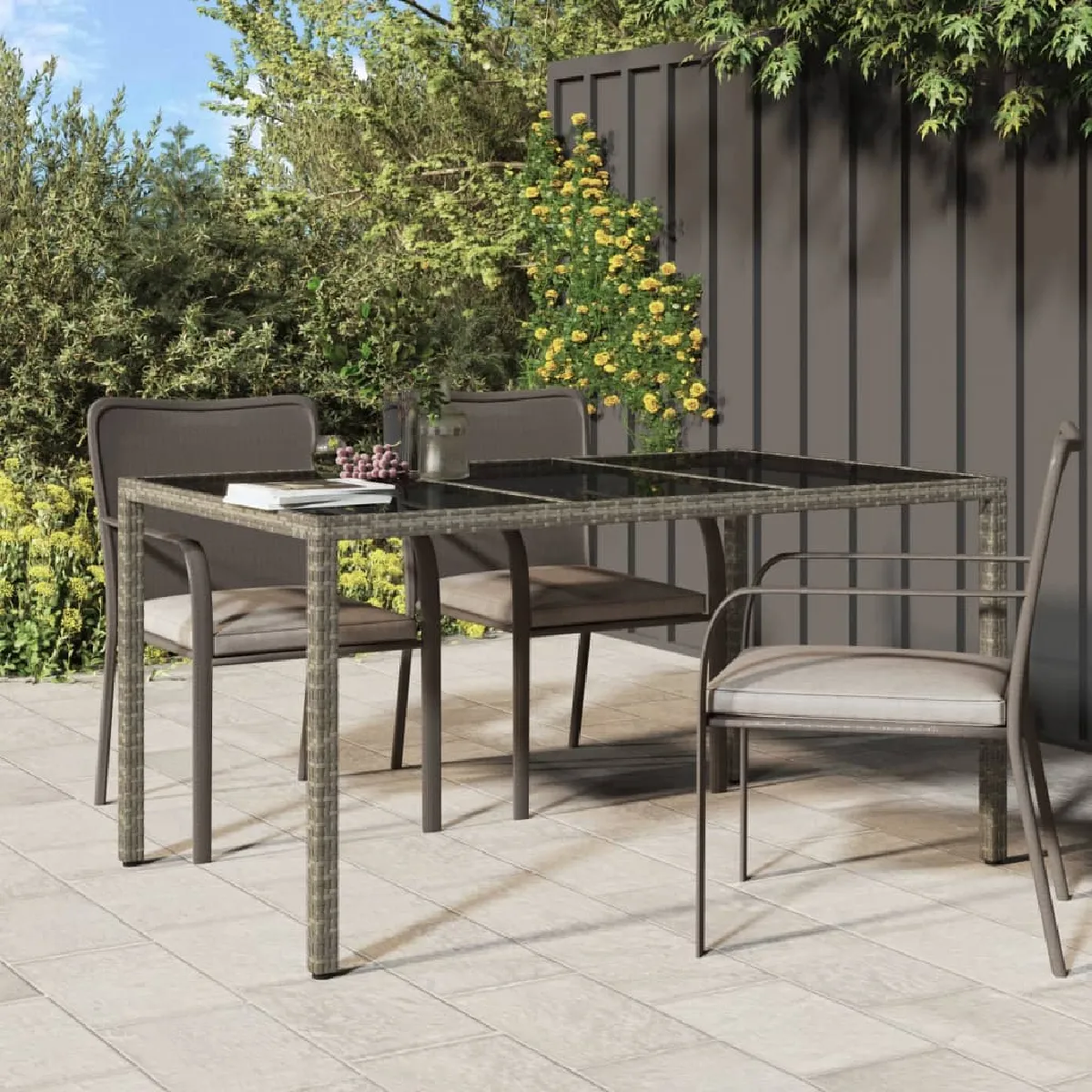 Vidaxl Table de jardin 150x90x75cm Verre trempé et résine tressée Gris 316708 - vue 3