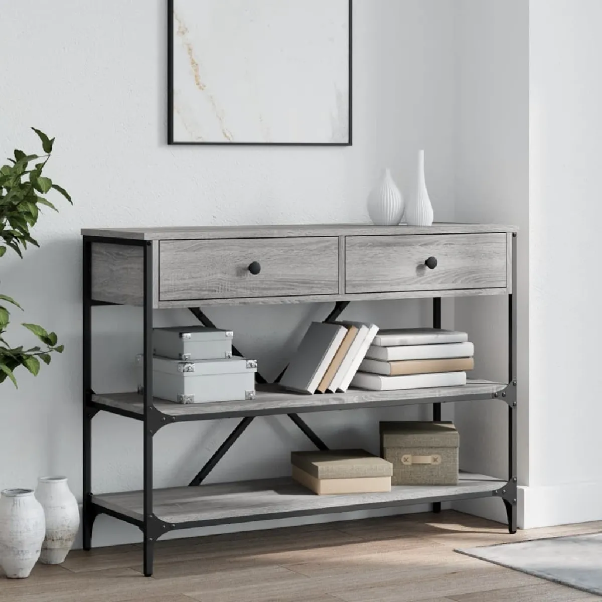 VIDAXL - Table Console - Bois - Gris - Avec Tiroirs et Étagères - Image 2