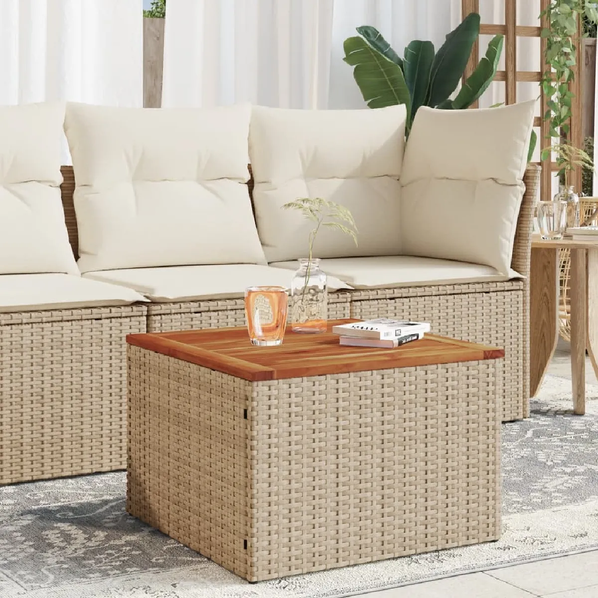 Vidaxl Table de jardin beige 55x55x37 cm résine tressée et bois acacia 366064