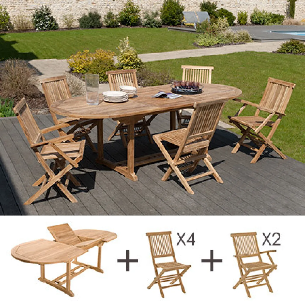 Mes Ensemble table et chaises jardin - Teck naturel