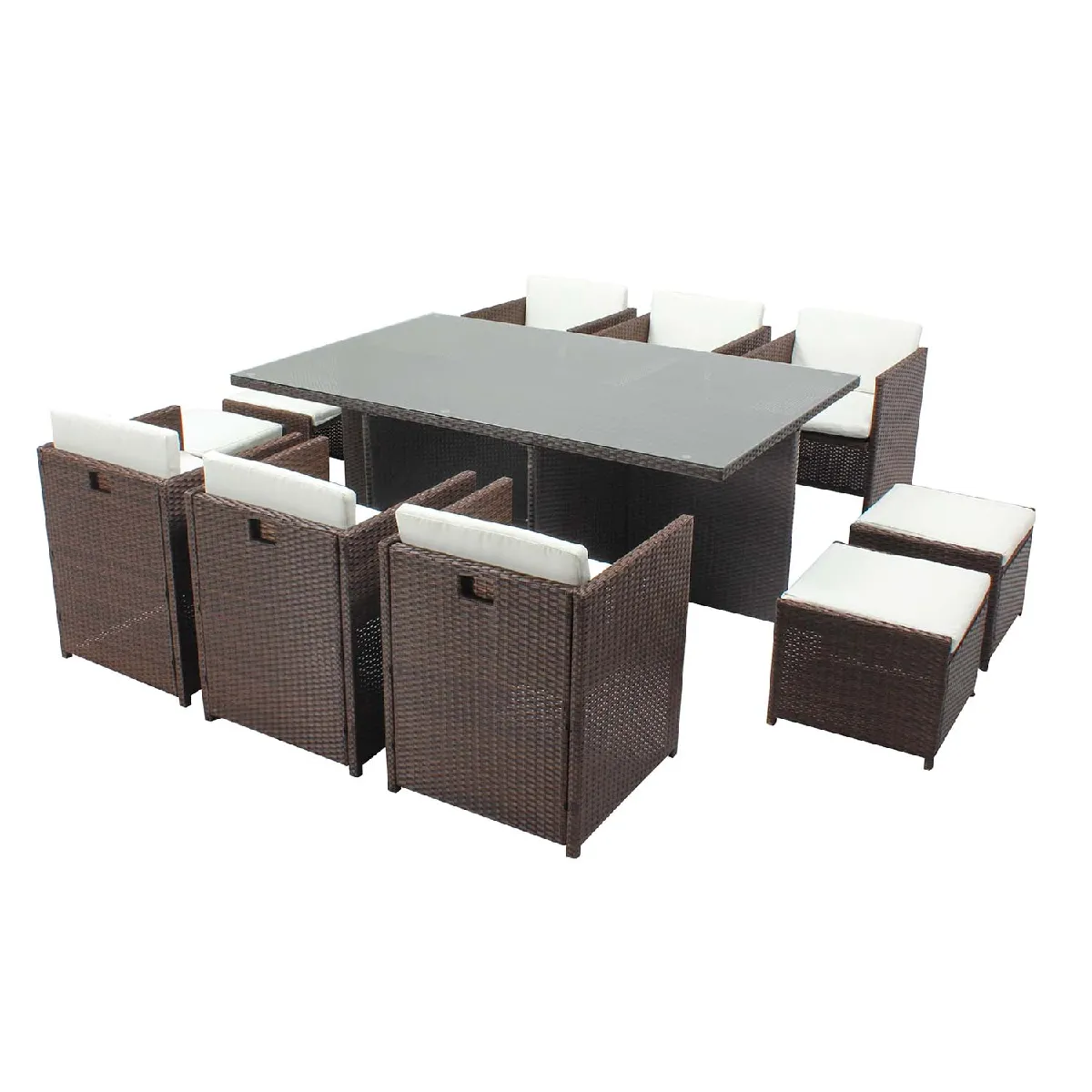 Table et chaises 10 places encastrables résine marron-blanc MIAMI Table et chaises 10 places encastrables résine marron-blanc MIAMI