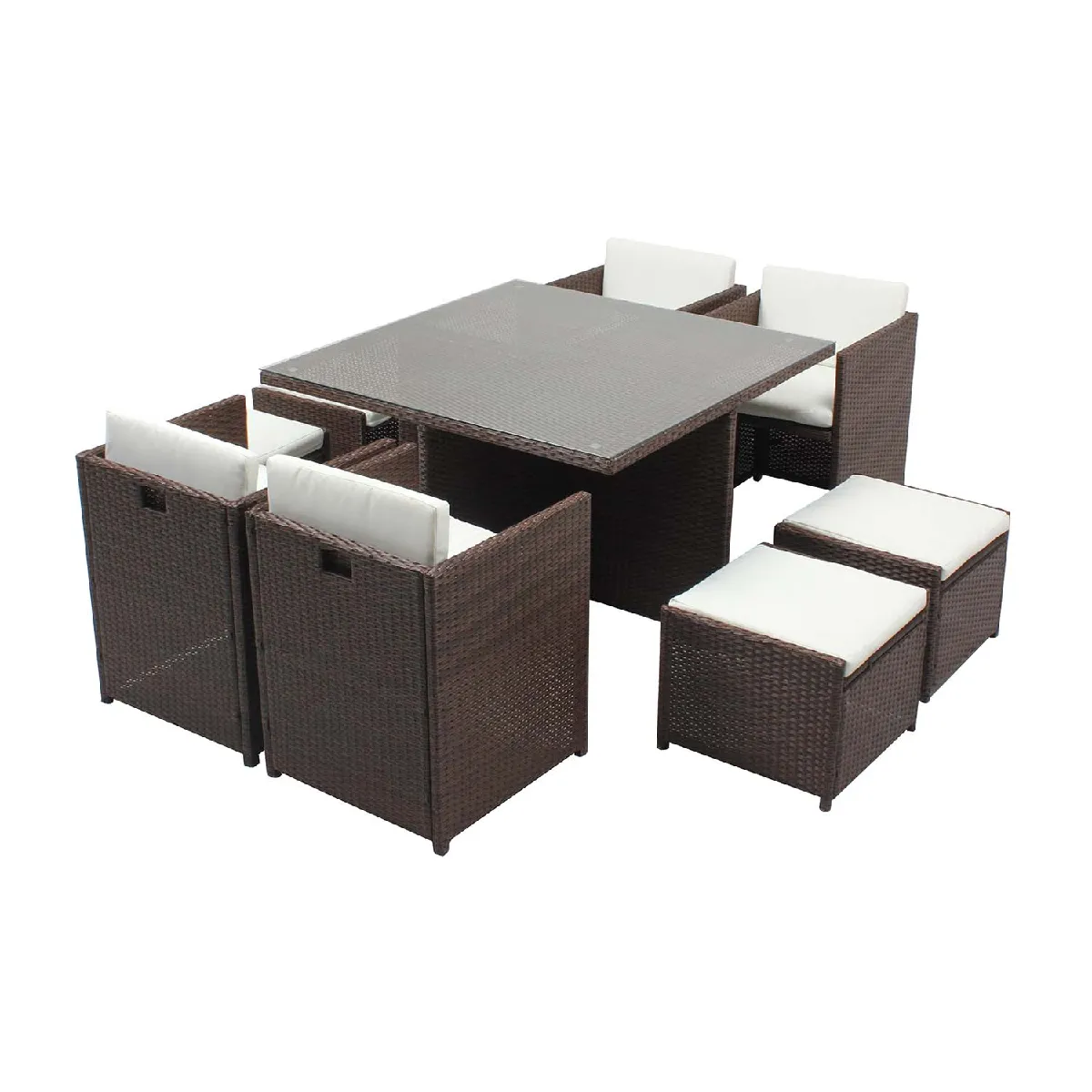 Table et chaises 8 places encastrables résine marron-blanc MIAMI